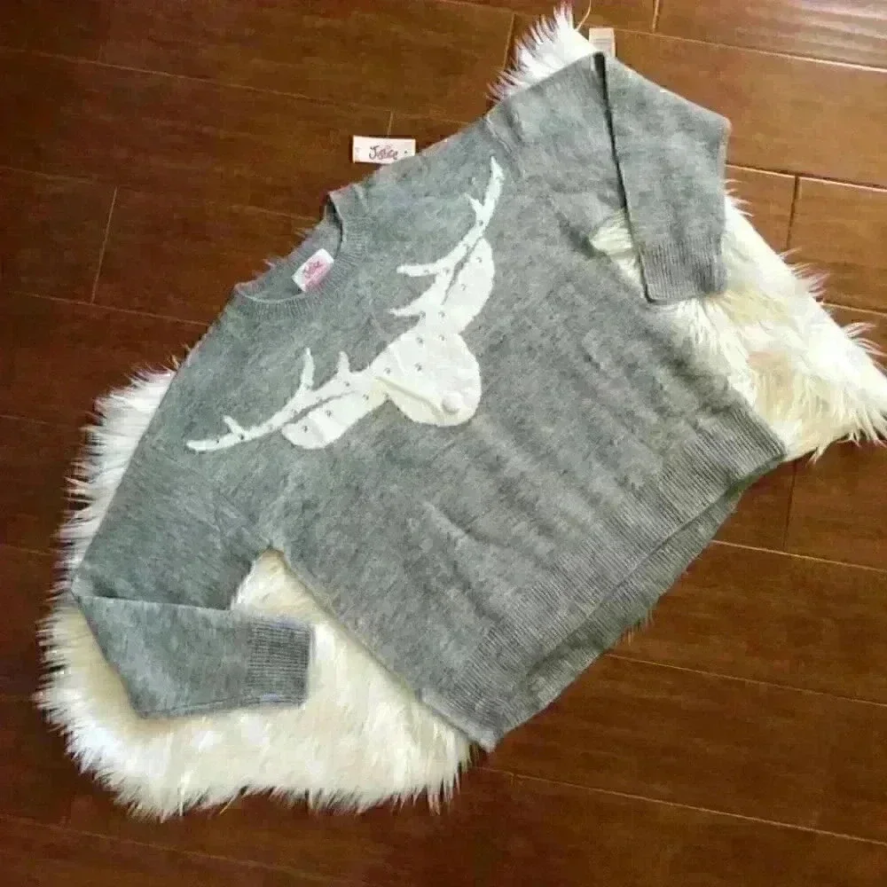 NWT Justice Gray white antler deer sweater girls size 18-20 PTP 23